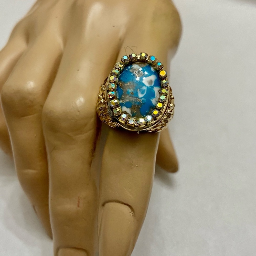Vintage, Stamped Hobe Blue Agate Adjustable Ring with Rhinestones - Picture 5 of 13